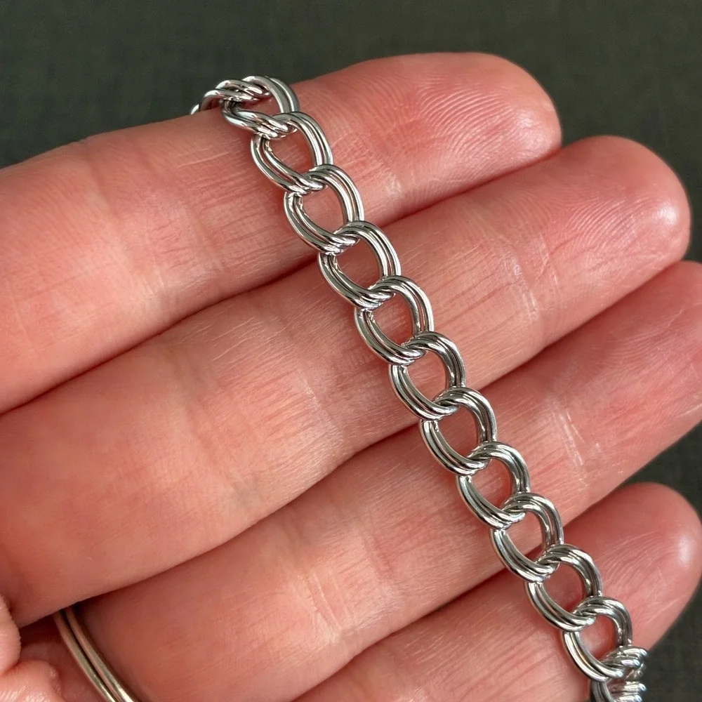 Vintage Sterling Silver Bracelet Double Curb Link Starter Charm Estate 925 7 " - Picture 9 of 10